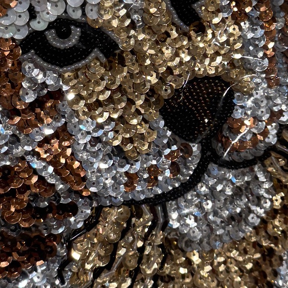 Vintage Silver Gold Tigers Head Appliqué Sequins And Beads 8.5" ht 8.5 wide NIP - Picture 4 of 5